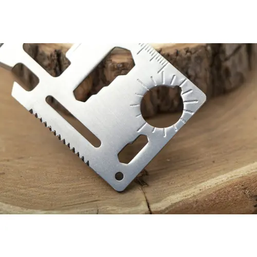 Utensile a forma di carta di credito in acciaio inox con 11 funzioni e astuccio di plastica 79×56×3 mm