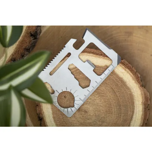 Utensile a forma di carta di credito in acciaio inox con 11 funzioni e astuccio di plastica 79×56×3 mm