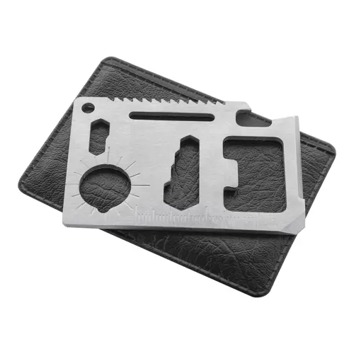 Utensile a forma di carta di credito in acciaio inox con 11 funzioni e astuccio di plastica 79×56×3 mm