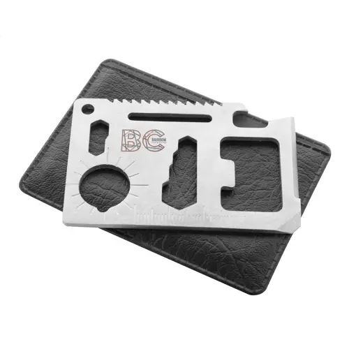 Utensile a forma di carta di credito in acciaio inox con 11 funzioni e astuccio di plastica 79×56×3 mm