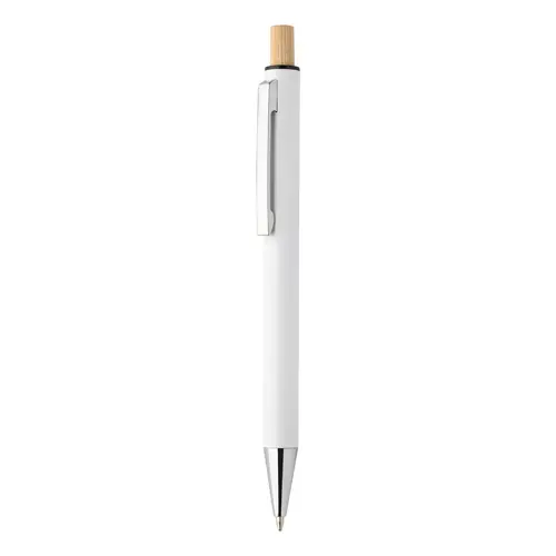 Set composto da penna a sfera e matita meccanica in alluminio riciclato pulsanti in bambù e refill blu in scatola kraft