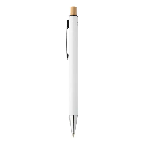 Set composto da penna a sfera e matita meccanica in alluminio riciclato pulsanti in bambù e refill blu in scatola kraft