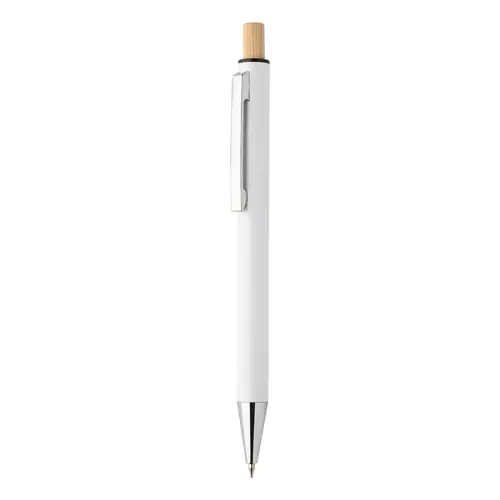 Set composto da penna a sfera e matita meccanica in alluminio riciclato pulsanti in bambù e refill blu in scatola kraft