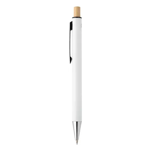 Set composto da penna a sfera e matita meccanica in alluminio riciclato pulsanti in bambù e refill blu in scatola kraft