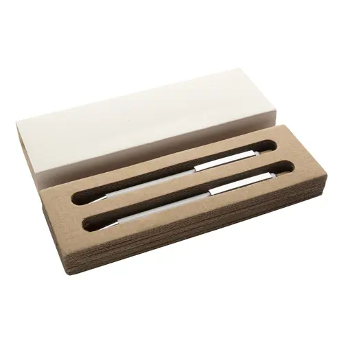 Set composto da penna a sfera e matita meccanica in alluminio riciclato pulsanti in bambù e refill blu in scatola kraft