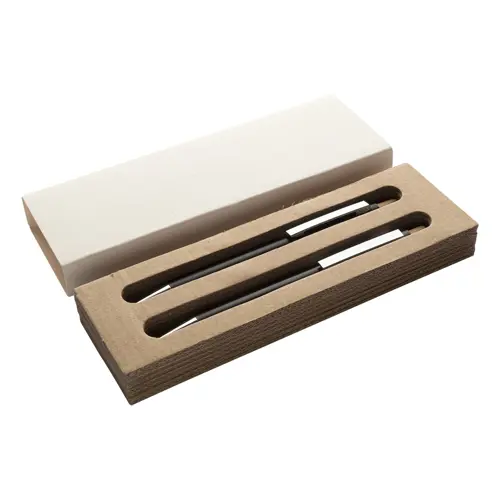 Set composto da penna a sfera e matita meccanica in alluminio riciclato pulsanti in bambù e refill blu in scatola kraft