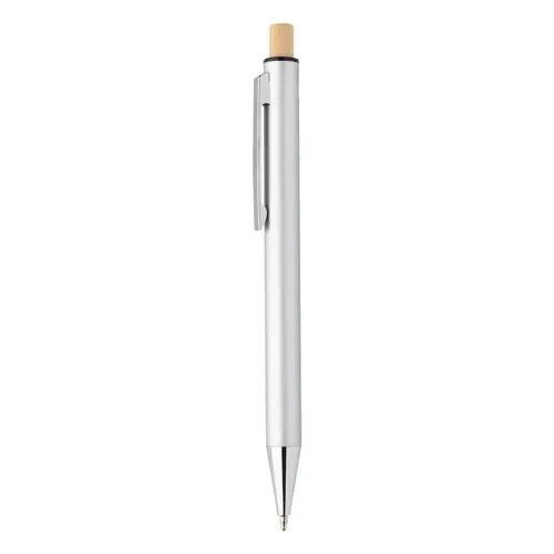 Set composto da penna a sfera e matita meccanica in alluminio riciclato pulsanti in bambù e refill blu in scatola kraft