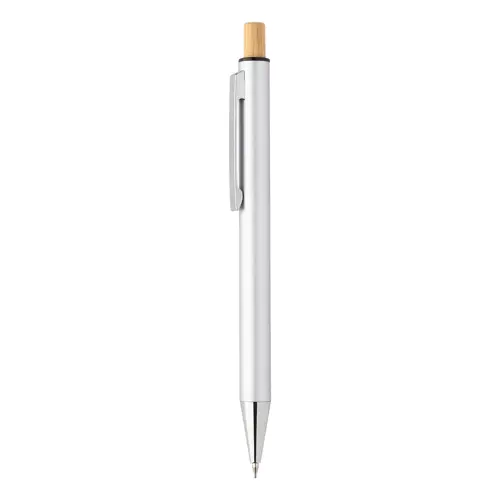 Set composto da penna a sfera e matita meccanica in alluminio riciclato pulsanti in bambù e refill blu in scatola kraft