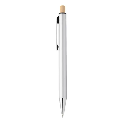 Set composto da penna a sfera e matita meccanica in alluminio riciclato pulsanti in bambù e refill blu in scatola kraft