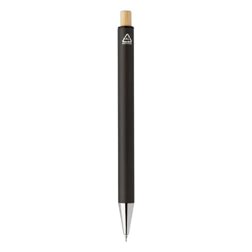 Set composto da penna a sfera e matita meccanica in alluminio riciclato pulsanti in bambù e refill blu in scatola kraft