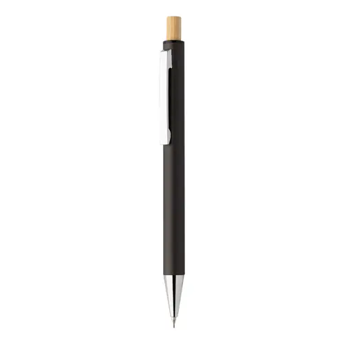 Set composto da penna a sfera e matita meccanica in alluminio riciclato pulsanti in bambù e refill blu in scatola kraft