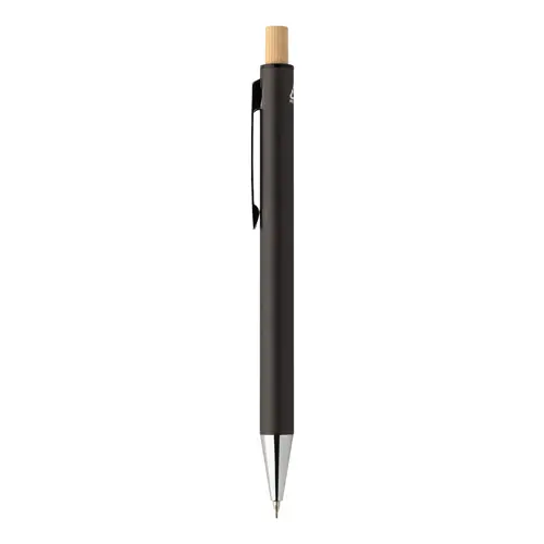 Set composto da penna a sfera e matita meccanica in alluminio riciclato pulsanti in bambù e refill blu in scatola kraft