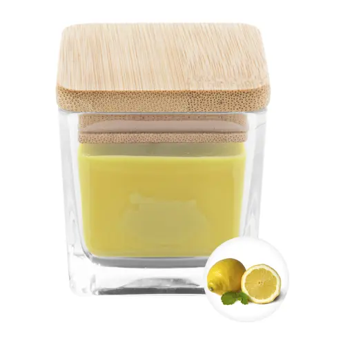 Candela profumata a base di cera vegetale in contenitore di vetro con coperchio in bambù