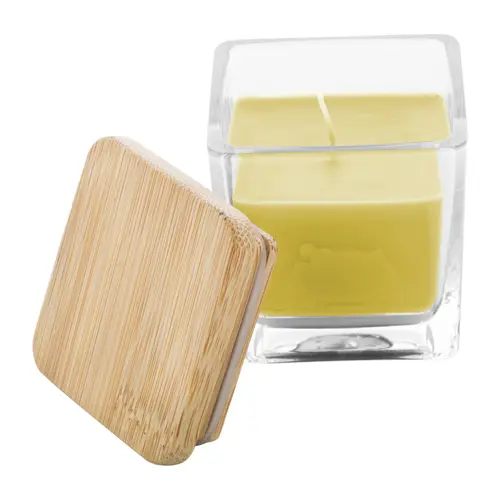 Candela profumata a base di cera vegetale in contenitore di vetro con coperchio in bambù