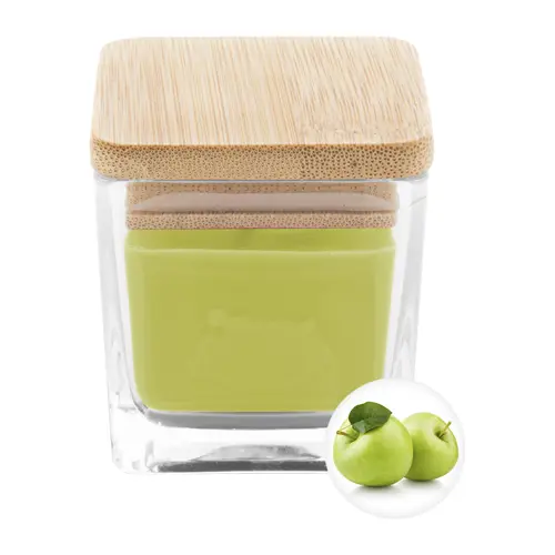 Candela profumata a base di cera vegetale in contenitore di vetro con coperchio in bambù