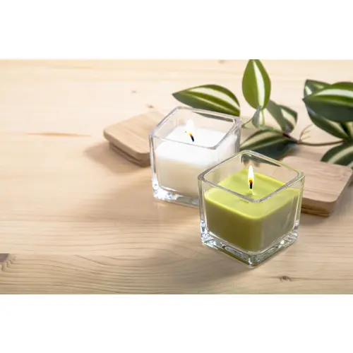 Candela profumata a base di cera vegetale in contenitore di vetro con coperchio in bambù