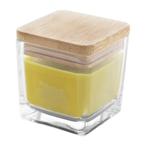 Candela profumata a base di cera vegetale in contenitore di vetro con coperchio in bambù