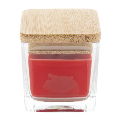 Candela profumata a base di cera vegetale in contenitore di vetro con coperchio in bambù