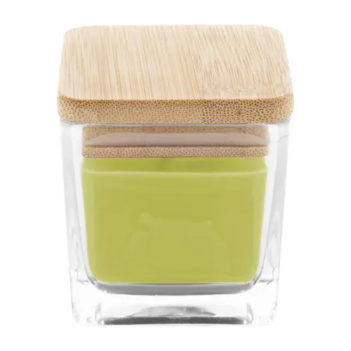 Candela profumata a base di cera vegetale in contenitore di vetro con coperchio in bambù