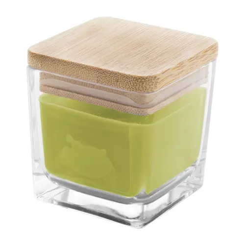 Candela profumata a base di cera vegetale in contenitore di vetro con coperchio in bambù