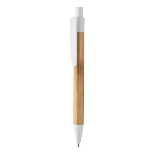 Penna a sfera di bambù con clip e puntale in plastica colorata con meccanismo a scatto e refill blu