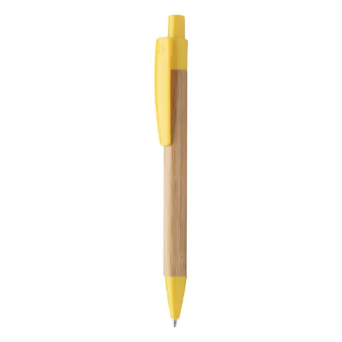 Penna a sfera di bambù con clip e puntale in plastica colorata con meccanismo a scatto e refill blu