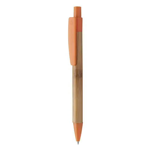 Penna a sfera di bambù con clip e puntale in plastica colorata con meccanismo a scatto e refill blu