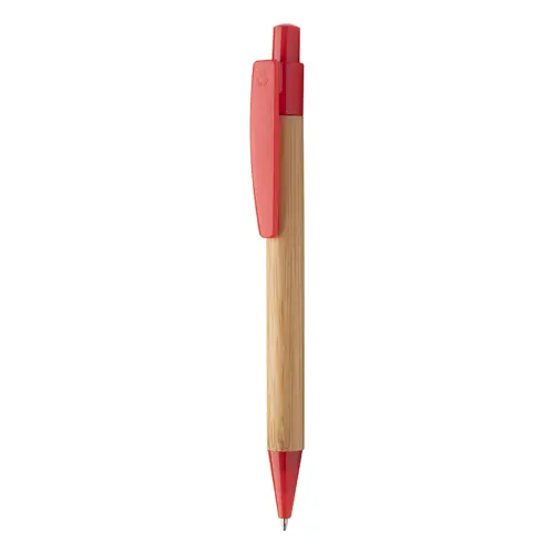 Penna a sfera di bambù con clip e puntale in plastica colorata con meccanismo a scatto e refill blu