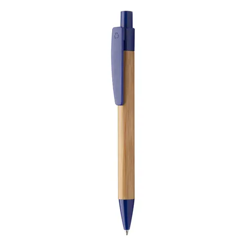 Penna a sfera di bambù con clip e puntale in plastica colorata con meccanismo a scatto e refill blu
