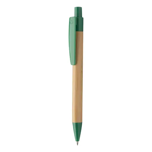 Penna a sfera di bambù con clip e puntale in plastica colorata con meccanismo a scatto e refill blu