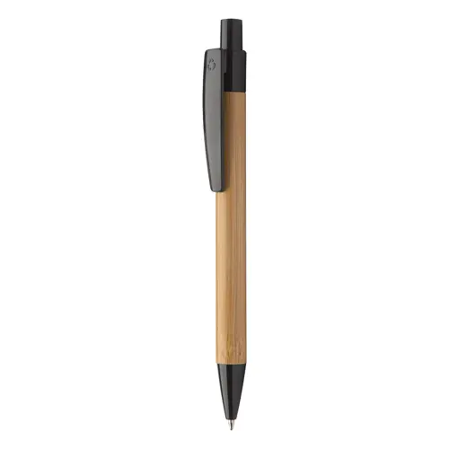 Penna a sfera di bambù con clip e puntale in plastica colorata con meccanismo a scatto e refill blu