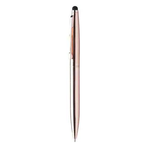 Penna a sfera in metallo con finitura lucida disponibile in vari colori e punta touch con meccanismo a rotazione e refill blu