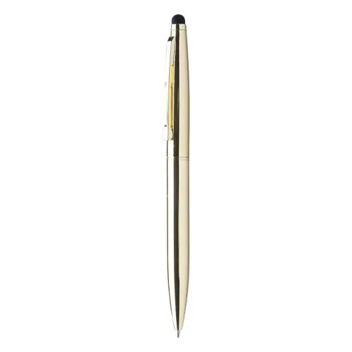 Penna a sfera in metallo con finitura lucida disponibile in vari colori e punta touch con meccanismo a rotazione e refill blu