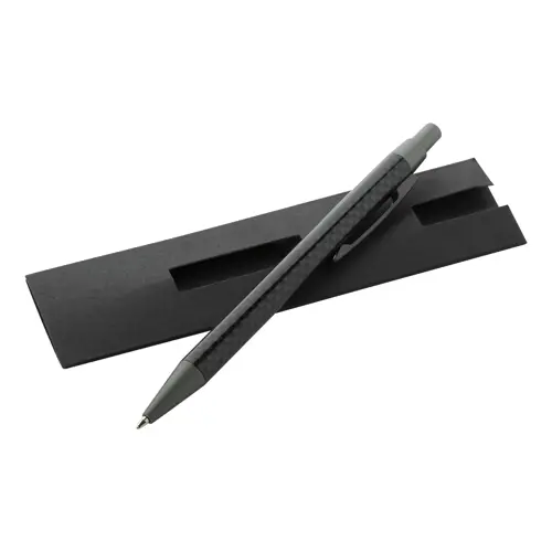 Penna a sfera in metallo con decorazione simil carbonio sul corpo refill blu