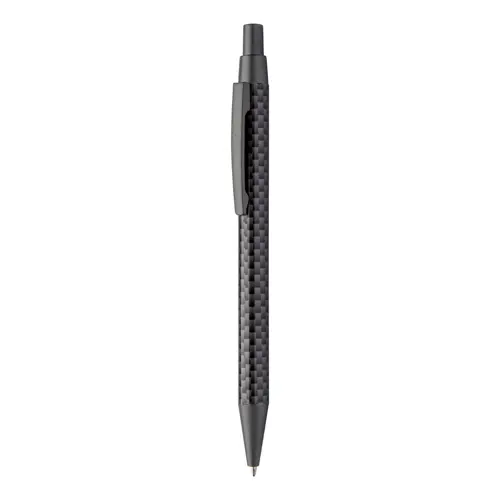 Penna a sfera in metallo con decorazione simil carbonio sul corpo refill blu