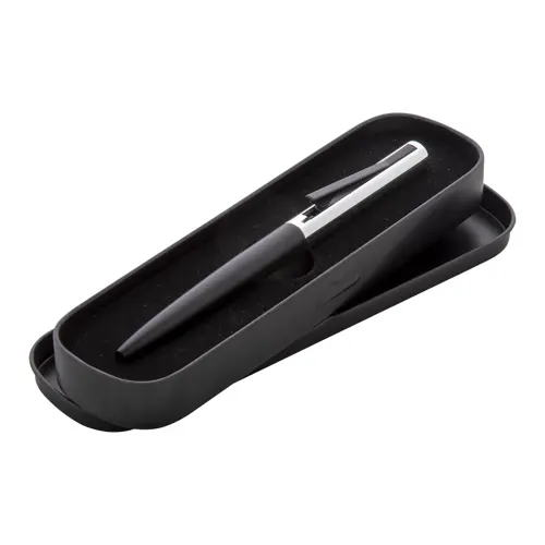 Penna a sfera in alluminio con particolare movimento della clip confezionata in scatola di metallo e refill blu