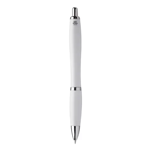 Penna a sfera in plastica con fusto antibatterico e parti cromate con meccanismo a scatto e refill blu