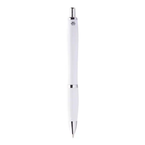 Penna a sfera in plastica con fusto antibatterico e parti cromate con meccanismo a scatto e refill blu