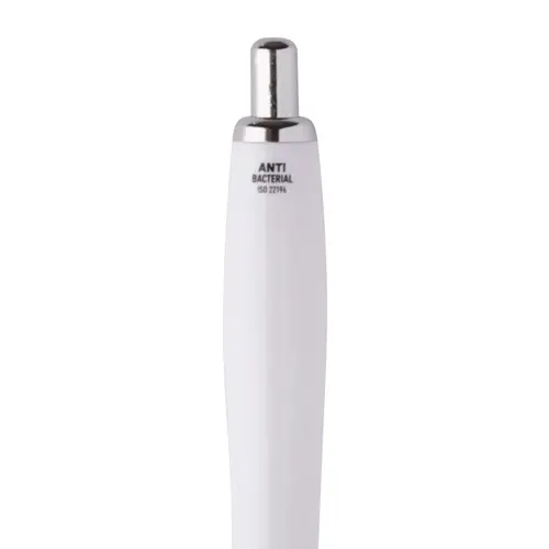 Penna a sfera in plastica con fusto antibatterico e parti cromate con meccanismo a scatto e refill blu