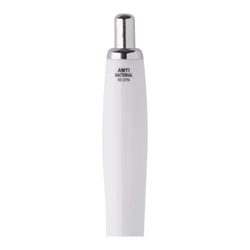 Penna a sfera in plastica con fusto antibatterico e parti cromate con meccanismo a scatto e refill blu