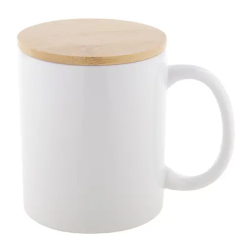 Tazza per sublimazione in ceramica bianca da 300ml con coperchio in bambù
