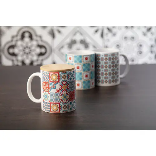 Tazza per sublimazione in ceramica bianca da 300ml con coperchio in bambù