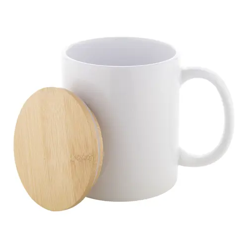 Tazza per sublimazione in ceramica bianca da 300ml con coperchio in bambù