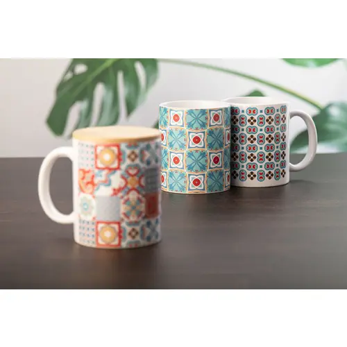 Tazza per sublimazione in ceramica bianca da 300ml con coperchio in bambù