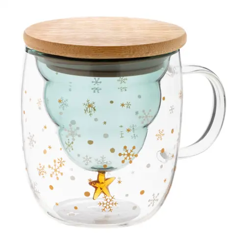 Tazza natalizia termica in vetro con coperchio in bambù e confezione in cartoncino kraft