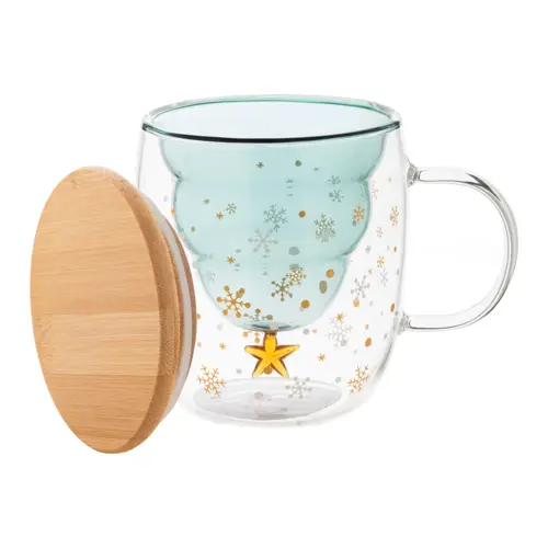 Tazza natalizia termica in vetro con coperchio in bambù e confezione in cartoncino kraft