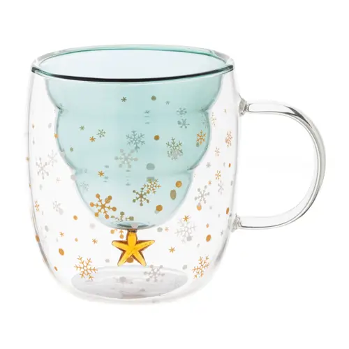 Tazza natalizia termica in vetro con coperchio in bambù e confezione in cartoncino kraft