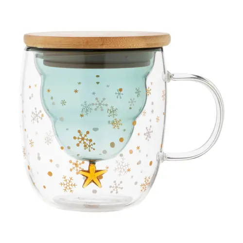 Tazza natalizia termica in vetro con coperchio in bambù e confezione in cartoncino kraft
