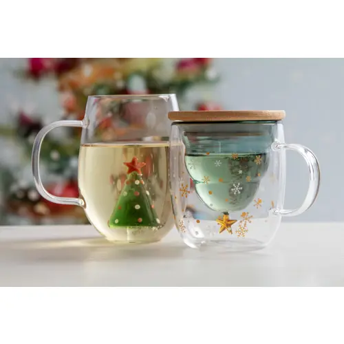 Tazza natalizia termica in vetro con coperchio in bambù e confezione in cartoncino kraft