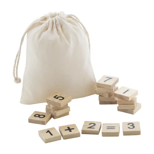 Gioco per il calcolo matematico 32 tessere in legno di numeri e simboli contenute in sacchetto in cotone